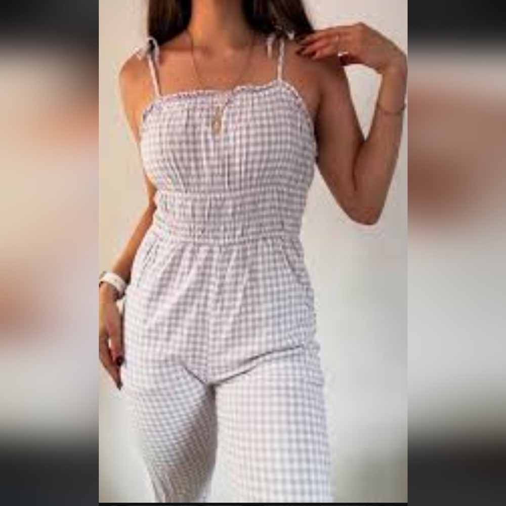 Women's Gingham Jumpsuit - White And Gray Size S #633